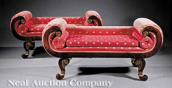 Appraisal: A Pair of Diminutive Empire-Style Carved Mahogany Canap s having