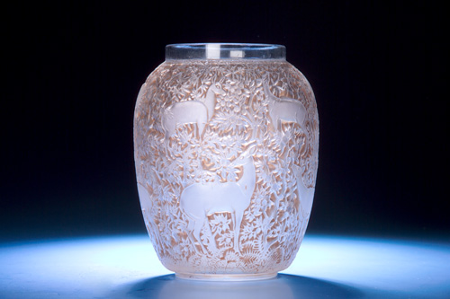 Appraisal: R LALIQUE Vase Biches clear and frosted with sepia patina