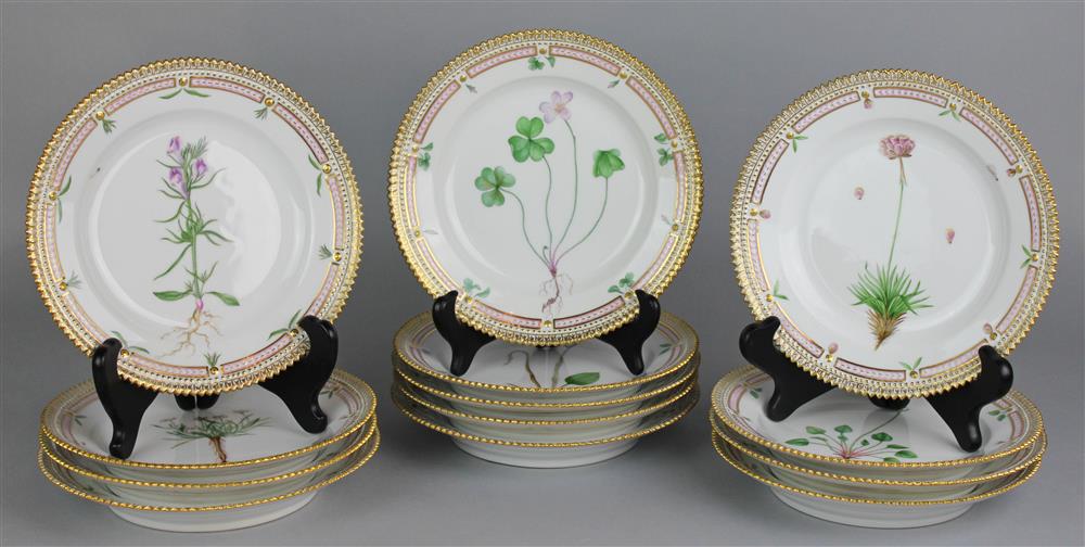 Appraisal: THIRTEEN ROYAL COPENHAGEN 'FLORA DANICA' DESSERT PLATES green printed and