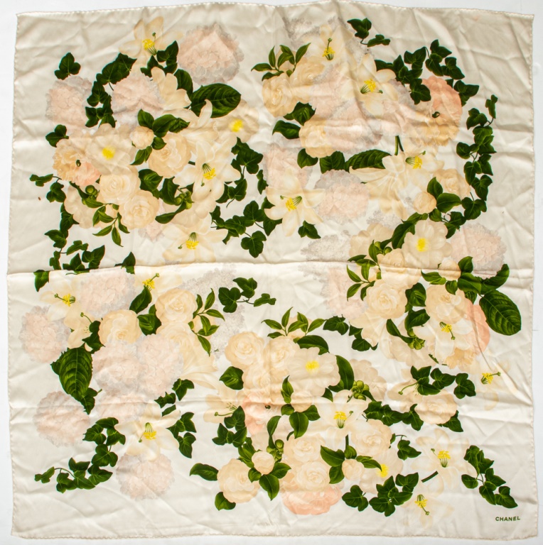 Appraisal: CHANEL ROSE FLOWER MOTIF SQUARE SILK SCARF Chanel silk scarf