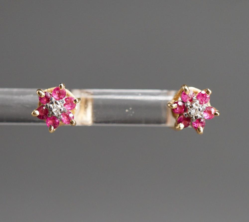 Appraisal: PAIR OF -KARAT YELLOW-GOLD DIAMOND AND RUBY PIERCED EARRINGSPair of