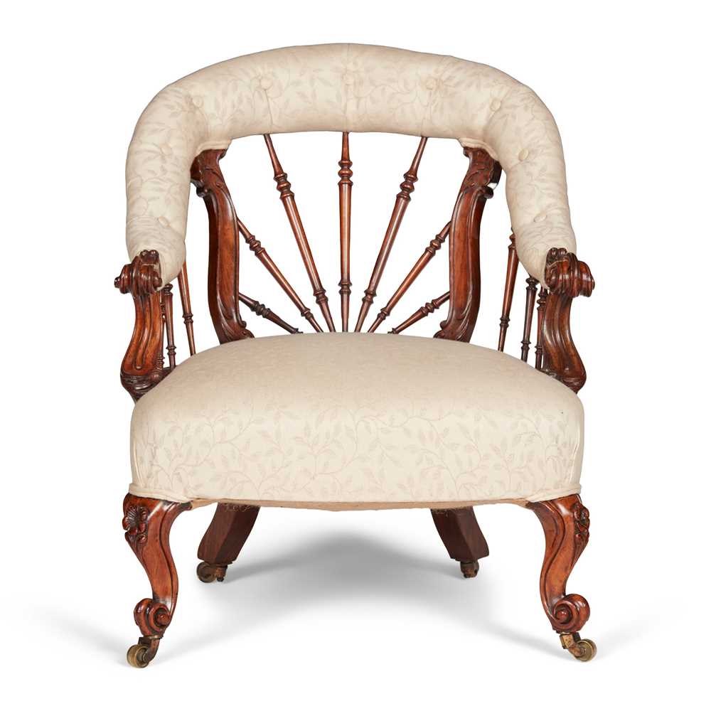 Appraisal: VICTORIAN WALNUT ARMCHAIR BY HOWARD SONS TH CENTURY the curved