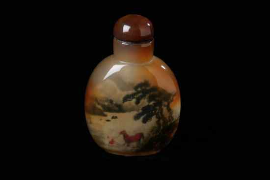 Appraisal: CHINESE INSIDE PAINTED AGATE SNUFF BOTTLE Signed of flattened ovoid