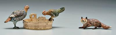 Appraisal: Three bronze miniatures birds fox partridge marks for Bergmann in