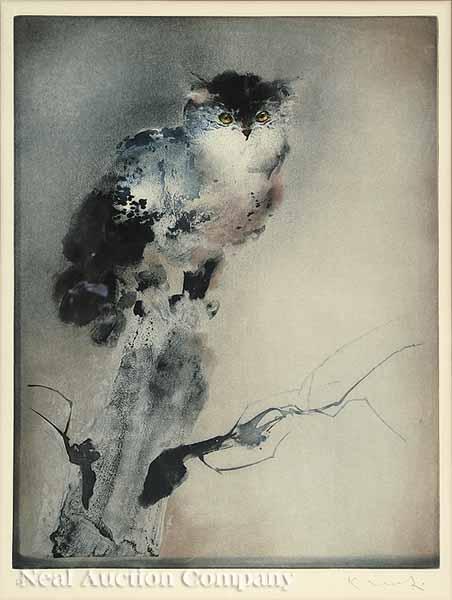 Appraisal: Kaiko Moti Indian - Owl color aquatint with etching on