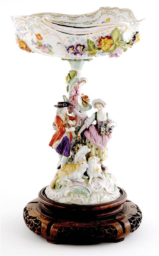 Appraisal: Dresden porcelain centerpiece reticulated shaped bowl supported by figural pedestal