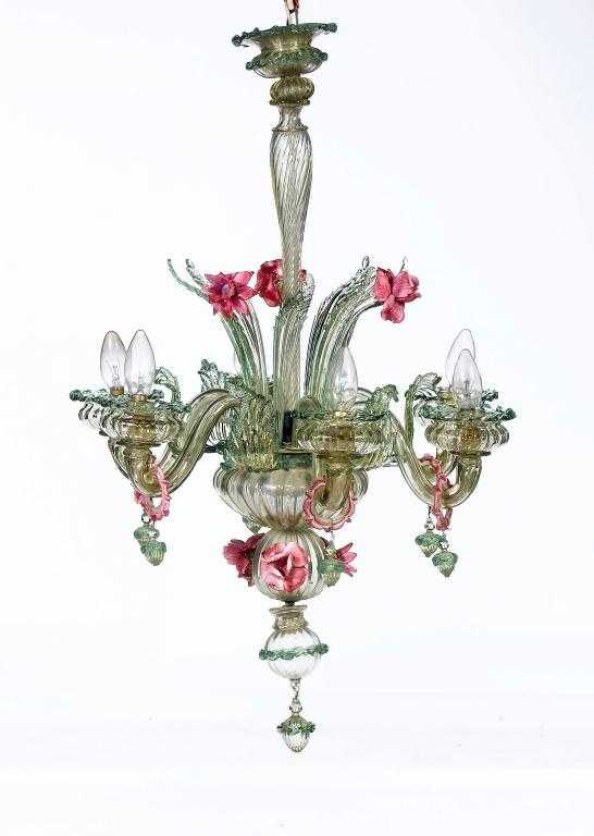 Appraisal: A VENETIAN GREEN AND PINK GLASS CHANDELIER of six lights