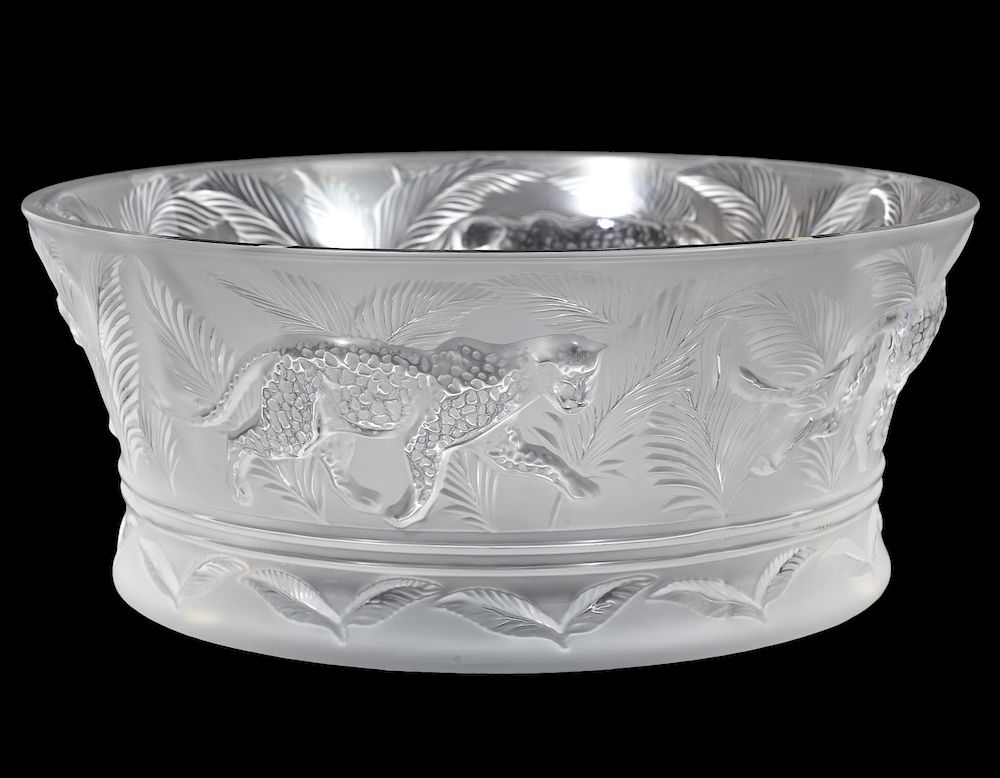 Appraisal: Lalique Crystal Leopard Jungle Bowl Lalique crystal jungle bowl with