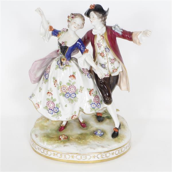 Appraisal: Dresden porcelain courting couple German figure group Blue underglaze mark