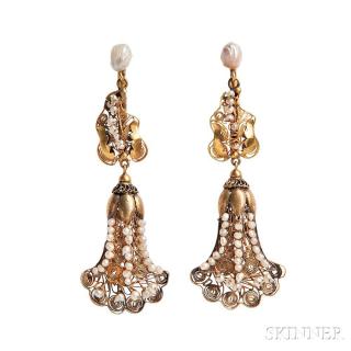 Appraisal: Two Pairs of Antique Gold Earrings blossom-shaped drop filigree earrings