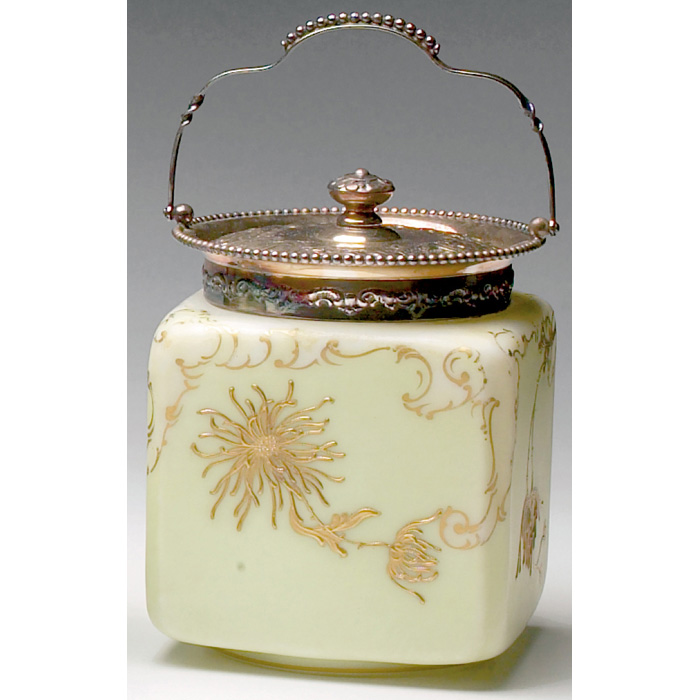 Appraisal: Pairpoint biscuit jar square form with enameled gold chrysanthemums against