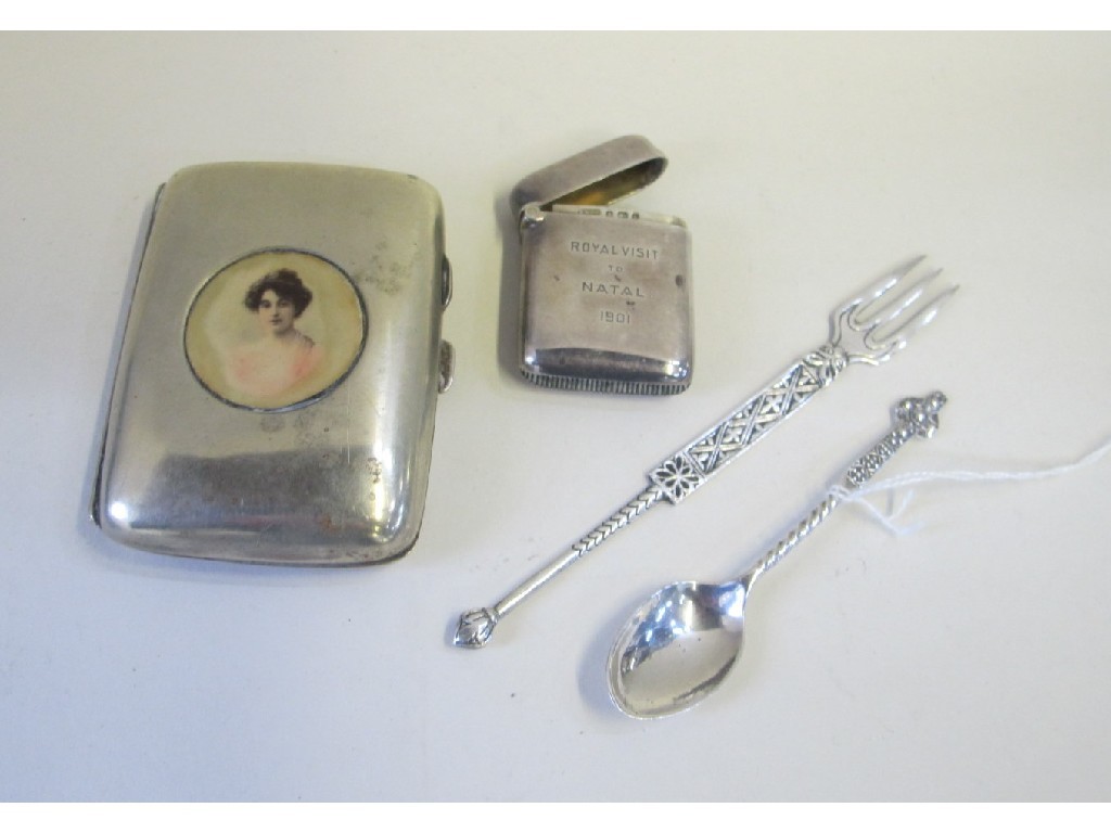 Appraisal: Lot comprising pictorial cigarette case silver vesta and silver spoon