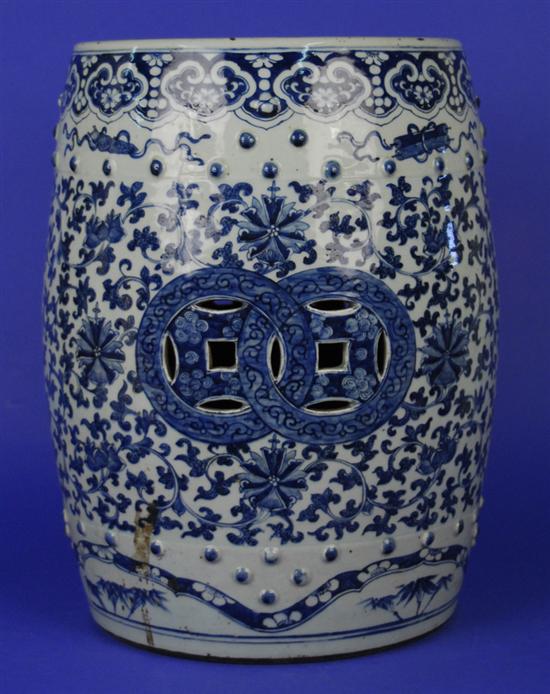 Appraisal: CHINESE BLUE AND WHITE GARDEN SEAT Qing Dynasty height inches