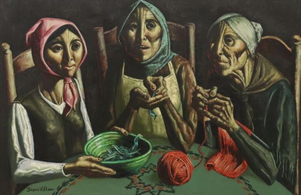 Appraisal: Framed oil on canvas painting Three Women Peeling Beans and