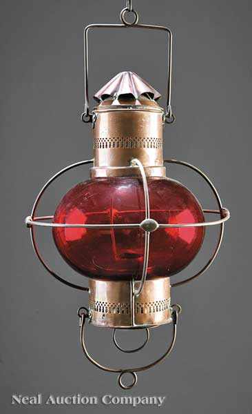 Appraisal: An Antique Anglo-American Copper and Cranberry Glass Hall Lantern having