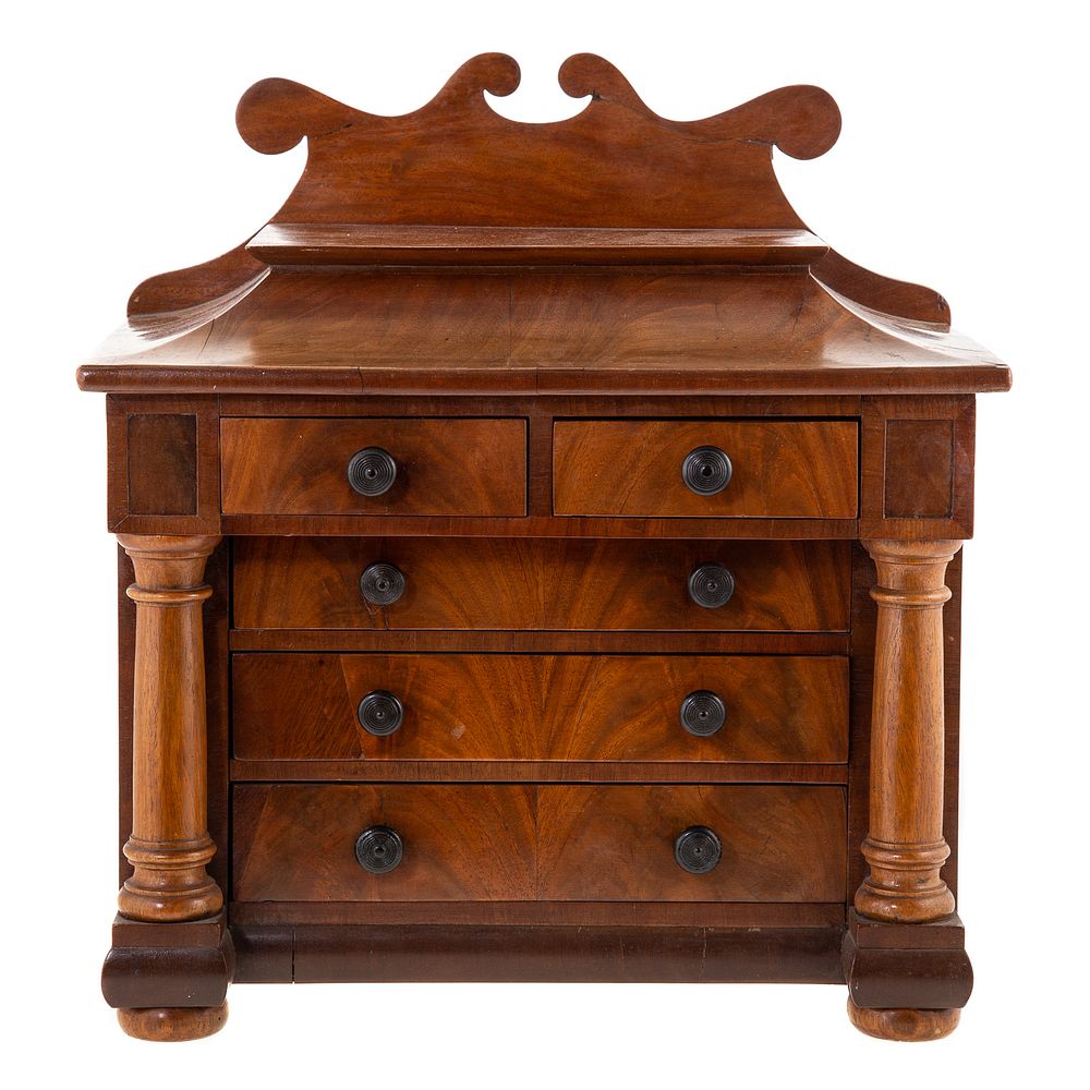 Appraisal: Miniature Empire Mahogany Chest of Drawers Circa having shaped backsplash