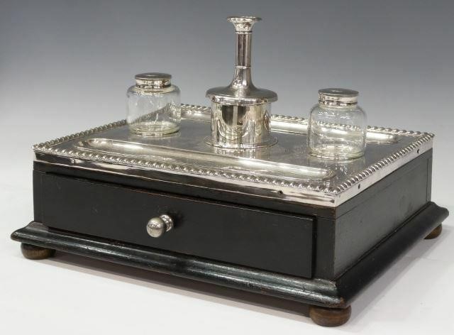 Appraisal: English silver plate desk stand late th c two glass