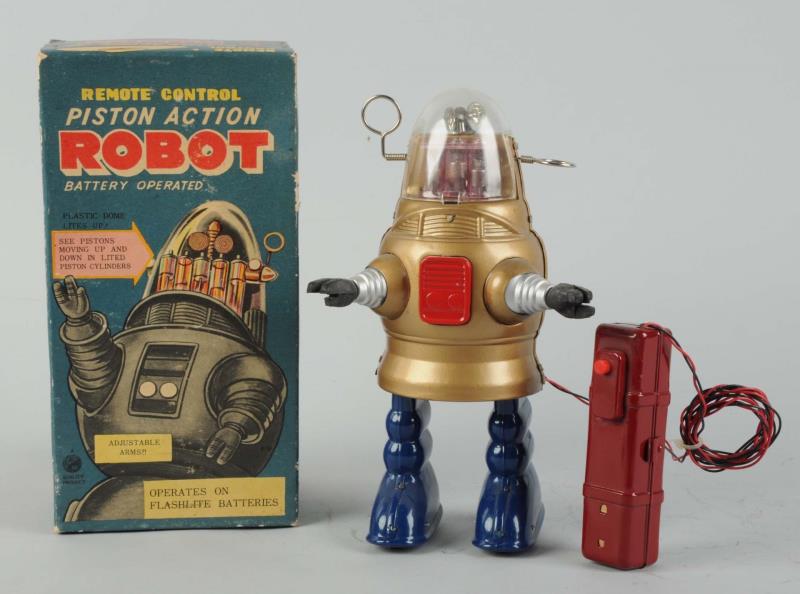 Appraisal: Japanese Tin Litho Piston Action Pug Robby Robot Remote control