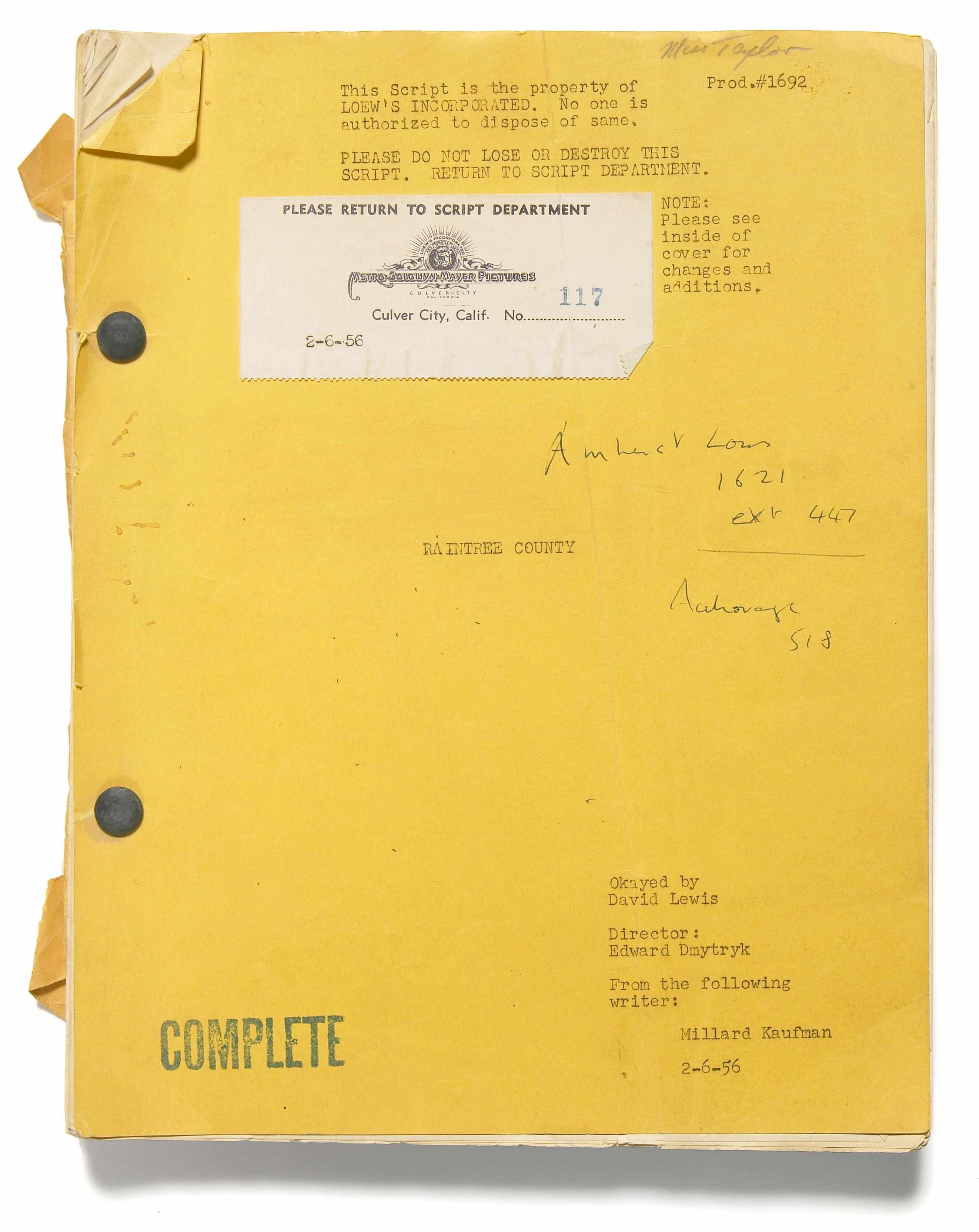 Appraisal: Elizabeth Taylor Raintree County script An original script for the