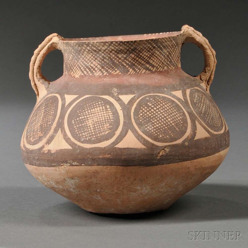 Appraisal: Neolithic-style Pottery Jar China compressed globular shape the neck flanked