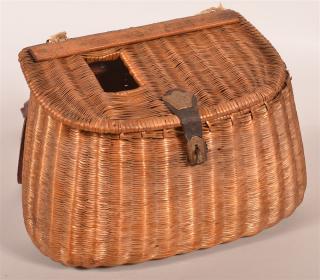 Appraisal: th C Tight Woven Wicker Fishing Creel with Original Leather