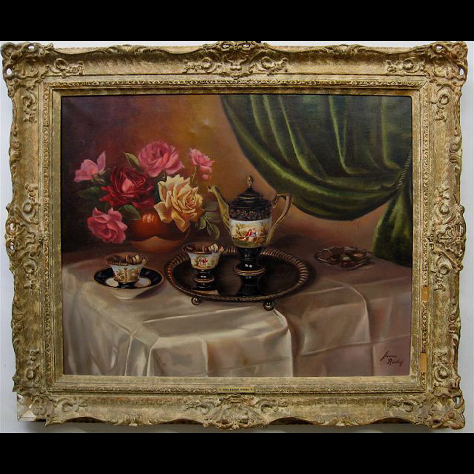 Appraisal: STILL LIFE WITH FLOWERS AND TEA SERVICE ANNA BISCHOF TH