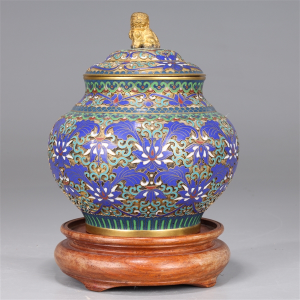 Appraisal: Chinese cloisonne enameled covered jar with lion finial minor flaws