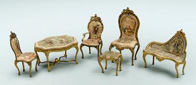 Appraisal: Six pieces miniature furniture Louis XV style gilt brass fabric