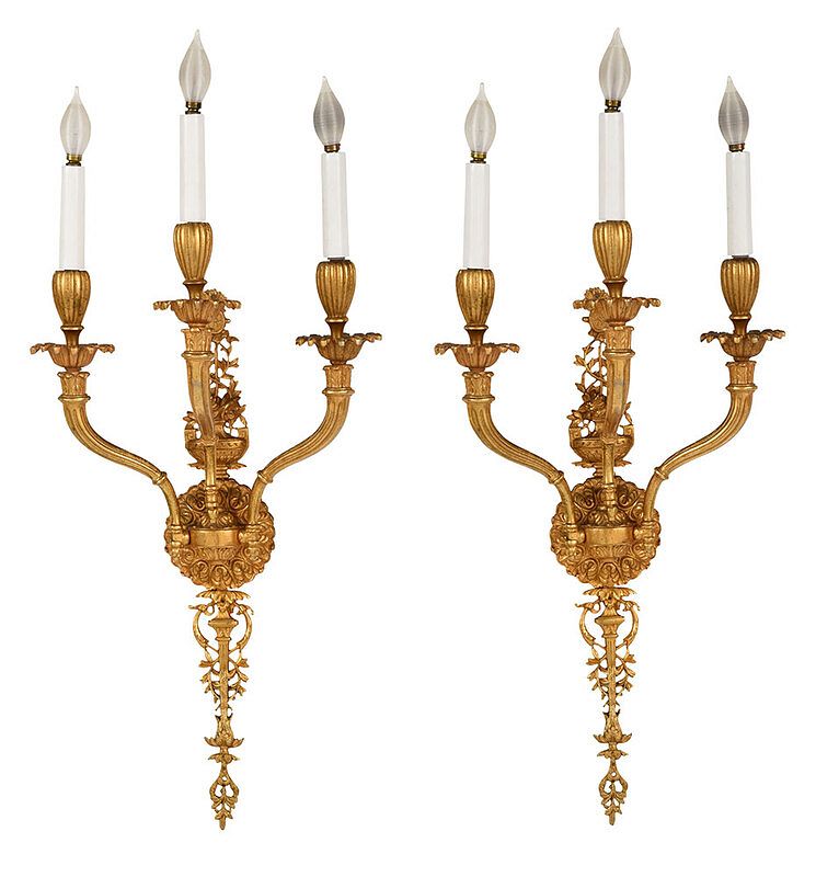 Appraisal: Pair Gilt Bronze Three Light Sconces Continental th th century