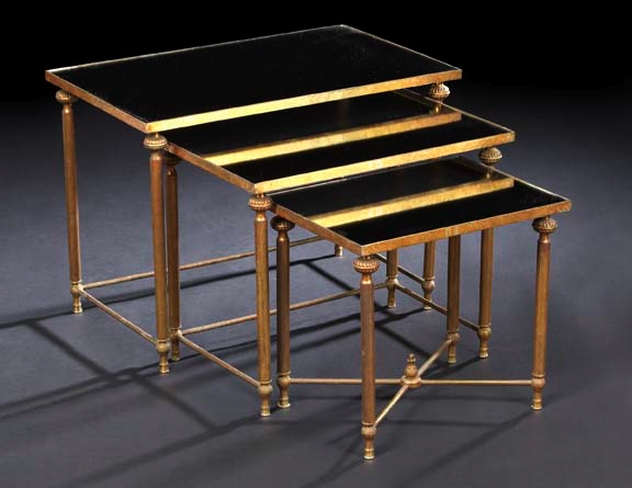 Appraisal: Suite of Three Directoire-Style Gilt-Metal and Mirrored Nesting Tables each