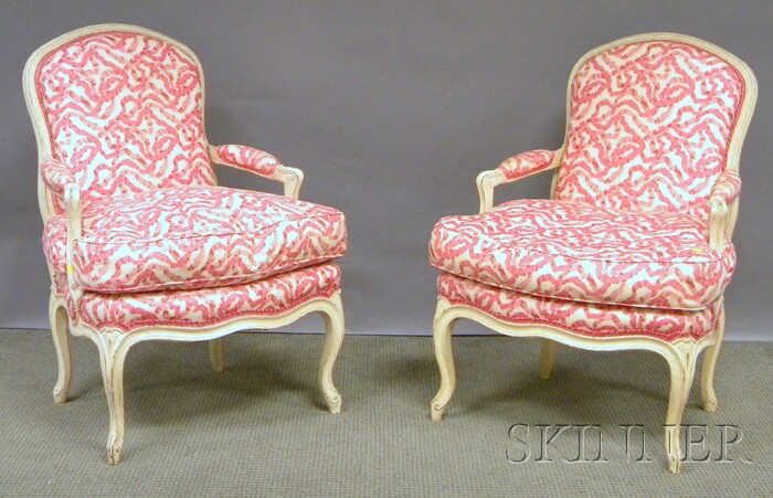 Appraisal: Pair of Louis XV-style Upholstered White-painted Carved Wood Fauteuils