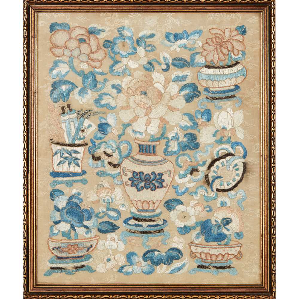 Appraisal: COLLECTION OF SEVEN SILK EMBROIDERED PANELS LATE QING TO REPUBLIC