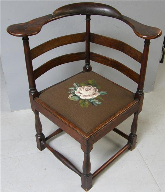 Appraisal: George III oak corner chair with shaped back on turned