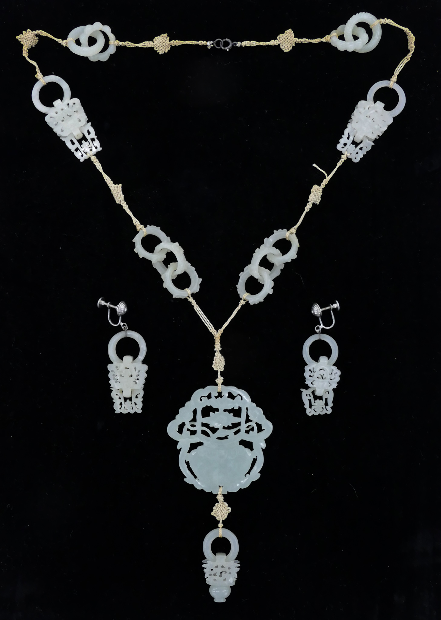 Appraisal: pc Chinese Qing Jade Necklace and Earring Set Includes a