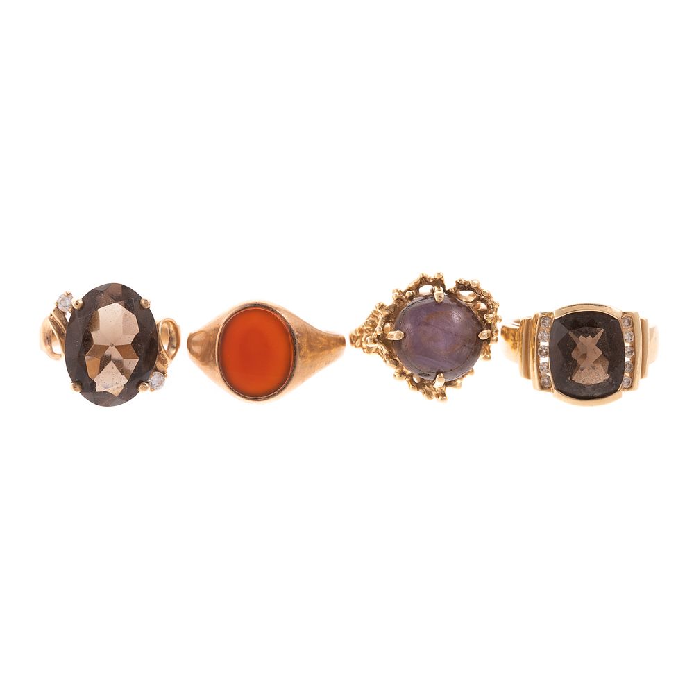 Appraisal: A Group of Large Fashion Gemstone Rings in Gold K