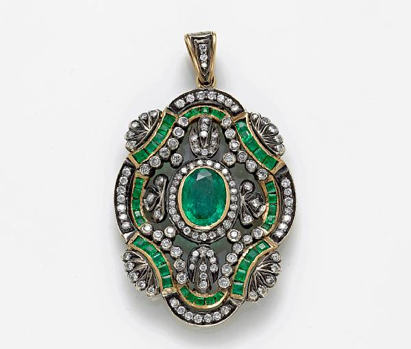 Appraisal: An emerald and diamond pendant central emerald weighing an estimated