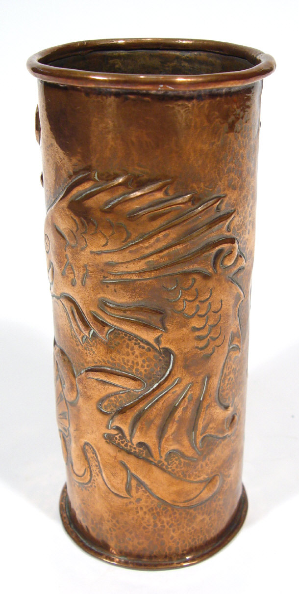 Appraisal: Newlyn cylindrical Arts and Crafts copper vase embossed with panels