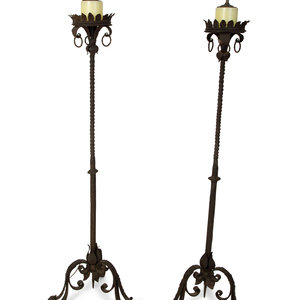 Appraisal: A Pair of Continental Wrought Iron Torcheres Mounted as Floor