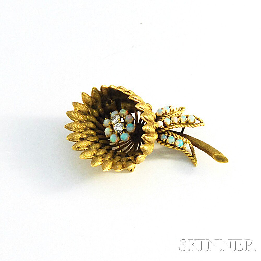 Appraisal: kt Gold Flower Brooch set with opal cabochons and diamond