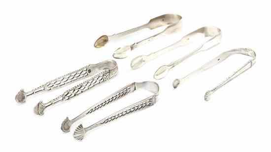 Appraisal: dA Collection of Five English Silver Sugar Tongs comprising two