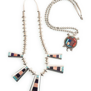 Appraisal: Navajo and Laguna Silver and Inlay Necklaces second half th