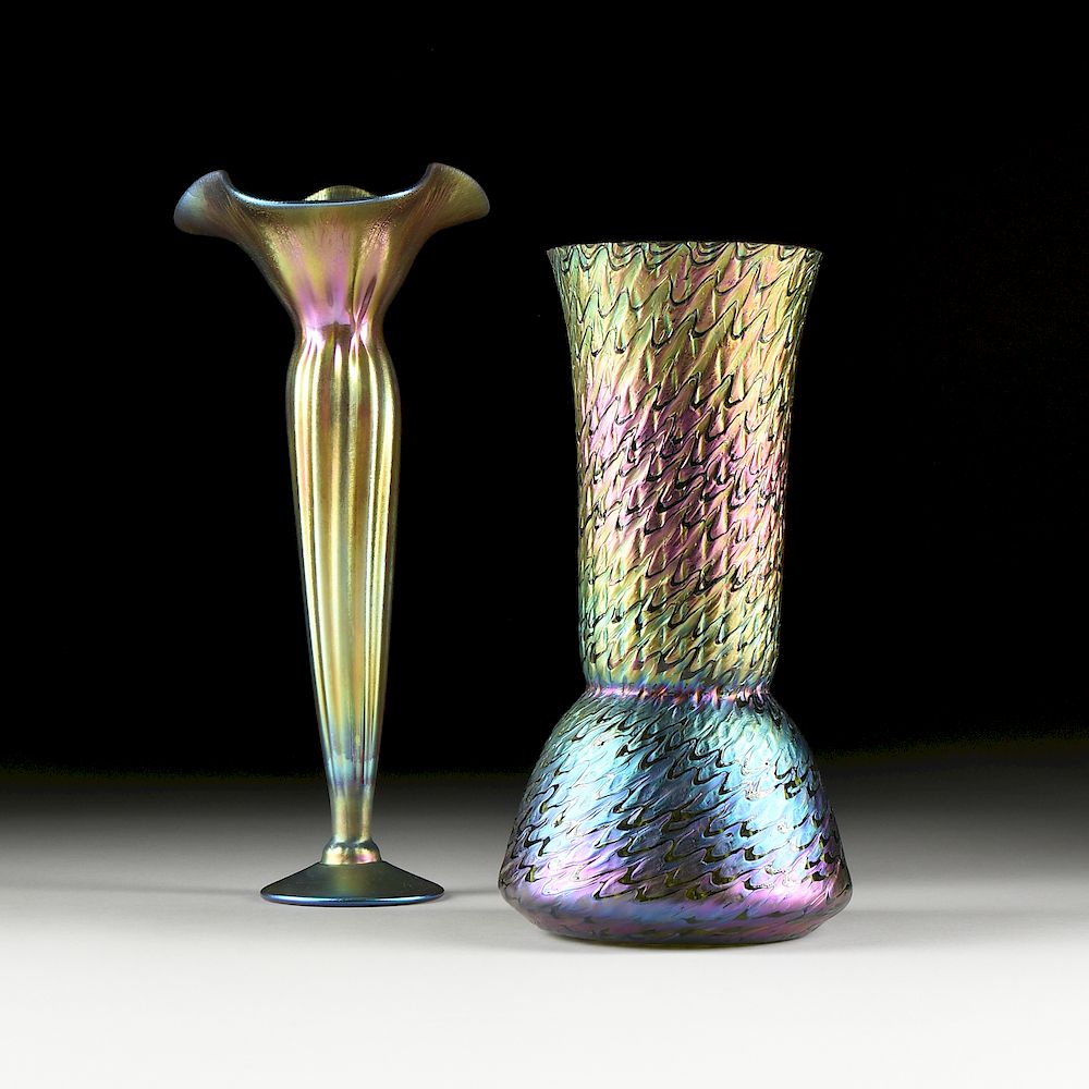 Appraisal: TWO IRIDESCENT ART GLASS VASES LUNDBERG STUDIOS CALIFORNIA CIRCA TWO