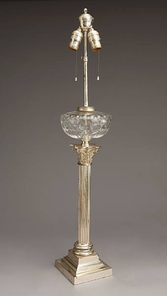 Appraisal: An English silverplate Corinthian column oil lamp late th early