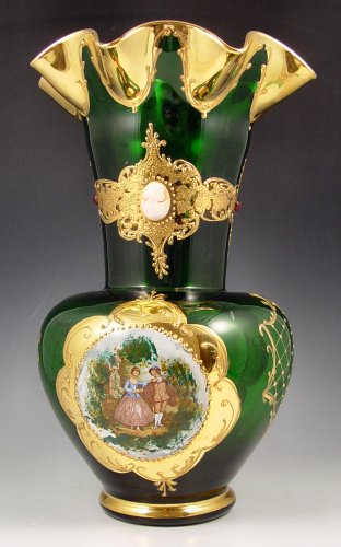 Appraisal: VENETIAN GREEN GLASS VASE WITH SHELL CARVED CAMEOS Emerald green