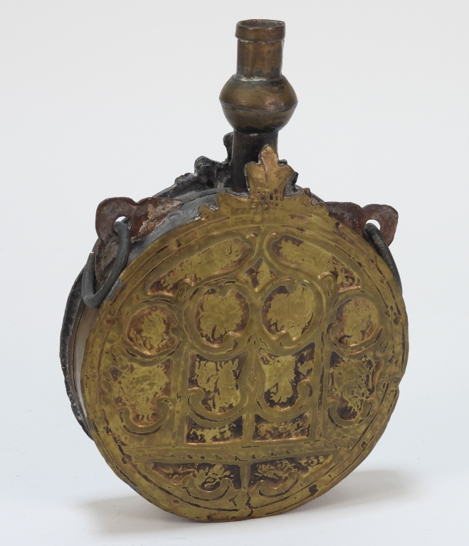 Appraisal: PERSIAN BRASS POWDER FLASK Middle East th CenturyRound flask decorated