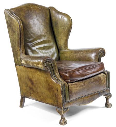 Appraisal: GEORGE III STYLE MAHOGANY AND LEATHER UPHOLSTERED WING ARMCHAIR EARLY