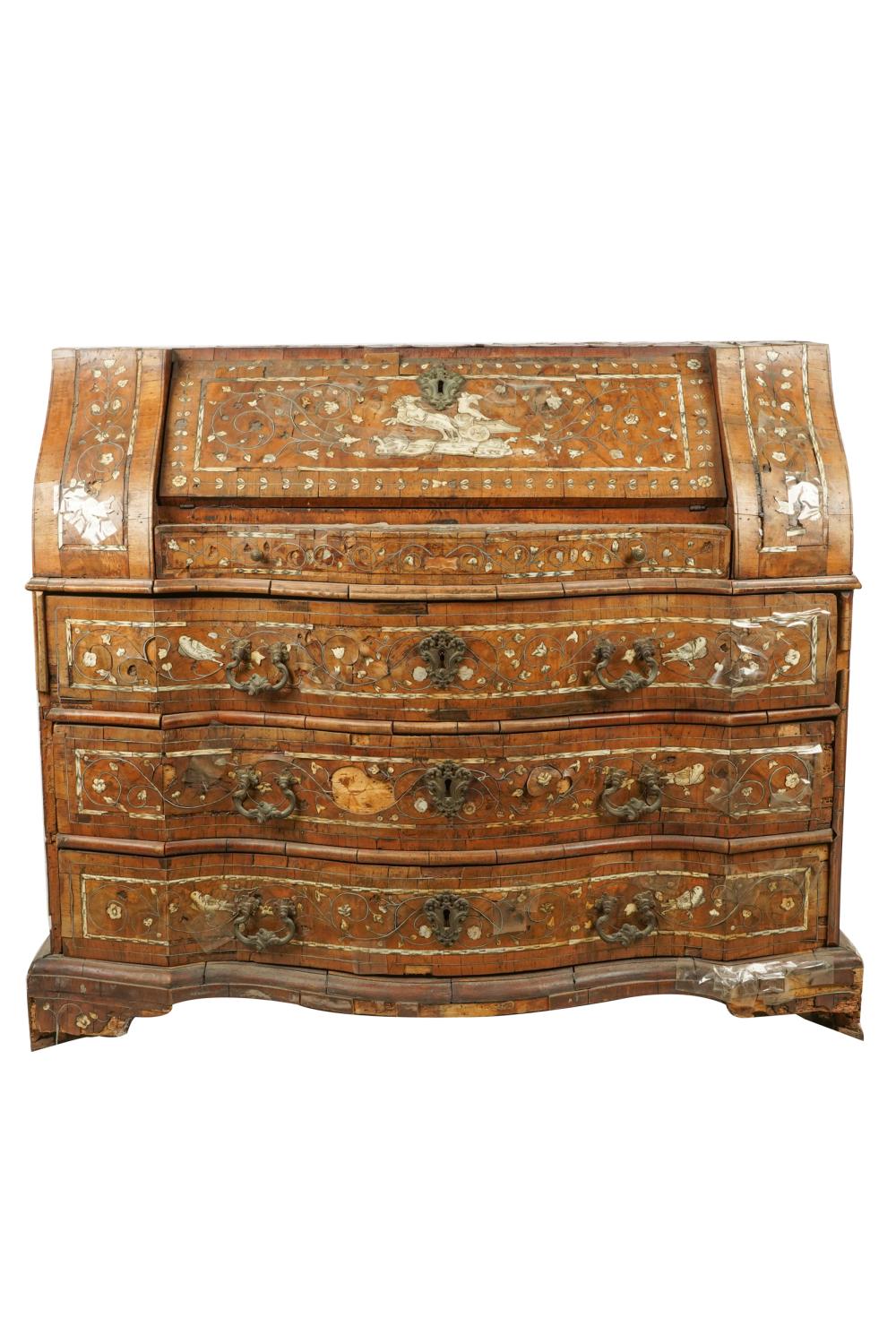 Appraisal: ITALIAN CARVED WALNUT INLAID SECRETARYthe hinged slant front writing surface