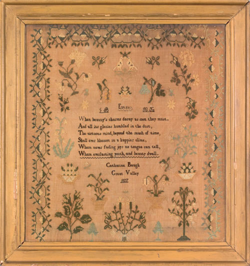 Appraisal: Pennsylvania silk on linen sampler dated inscribed Catharine Baugh Great