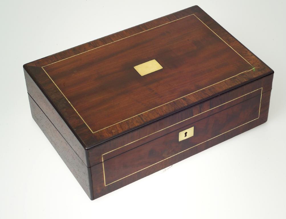 Appraisal: th CENTURY ROSEWOOD WRITING BOX of rectangular form the brass-inlaid