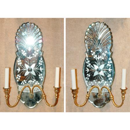 Appraisal: Pair of Etched Mirrored-Back Two-Light Sconces Estimate -